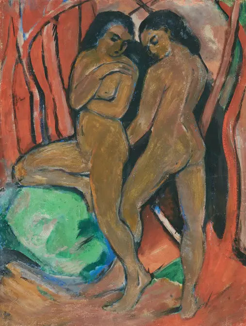 Deux filles nues debout avec une pierre verte - Franz Marc image 1 tableau peint à l’huile sur toile