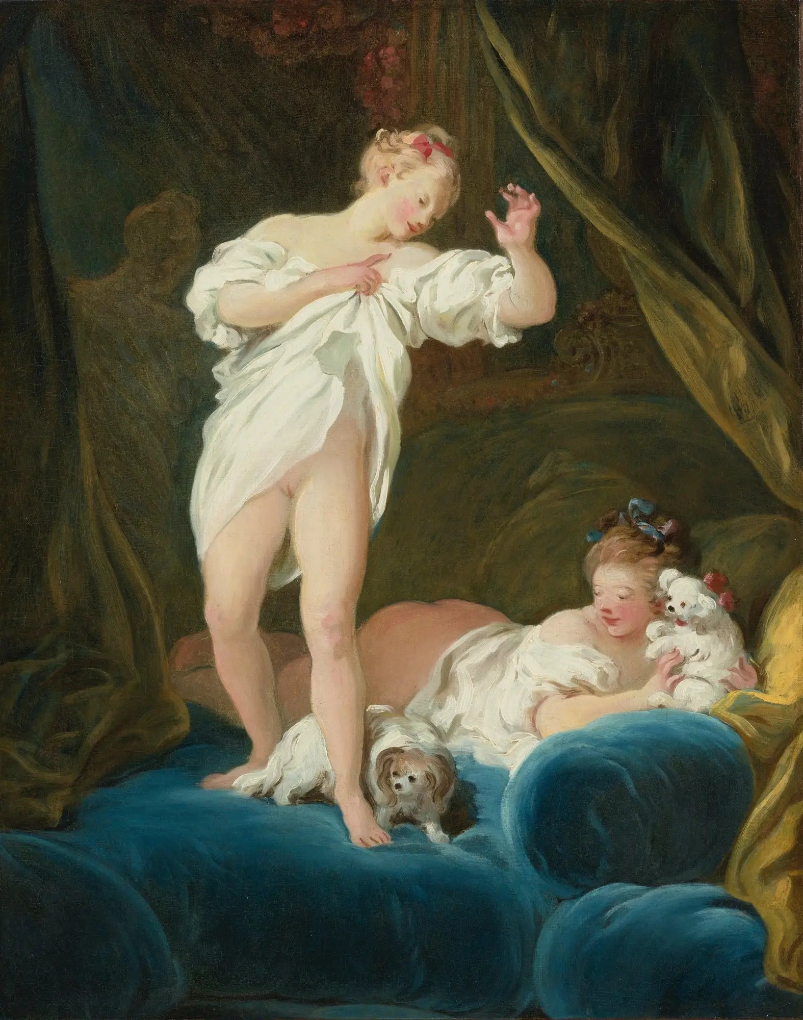 Deux filles sur un lit jouant avec leurs chiens - Jean-Honoré Fragonard - Alpha Reproduction