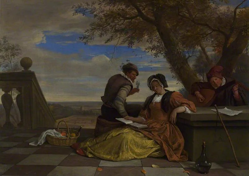 Deux hommes et une jeune femme font de la musique sur une terrasse - Jan Steen image 1 copie de tableau peinte à la main