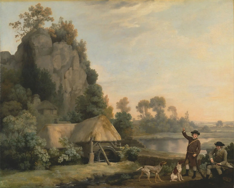 ชายสองคนกำลังออกล่าสัตว์ พร้อมวิวของ Creswell Crags ถ่ายภาพจากสถานที่ - จอร์จ สแต็บบส์