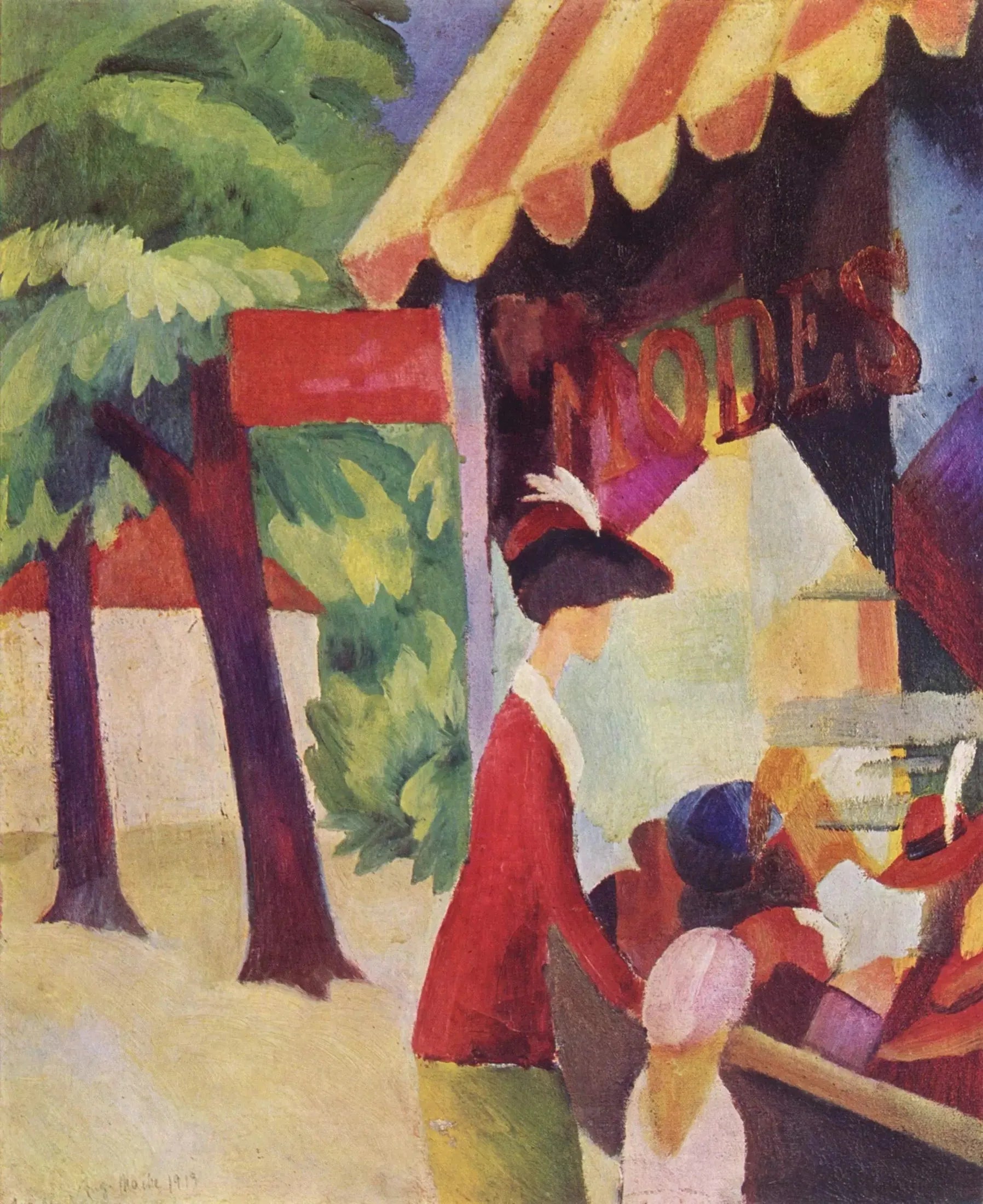 Devant la chapellerie (Femme avec une veste rouge et un enfant) - August Macke image 1 reproduction d’œuvre d’art à l’huile