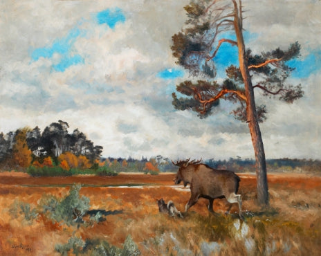Élan et chien d'élan norvégien dans un paysage d'automne - Bruno Liljefors image 1 reproduction d’œuvre d’art à l’huile
