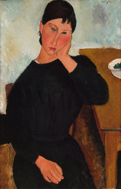Reproduction du tableau « Elvire assise, accoudée à une table - Amedeo Modigliani » par Alpha Reproduction en peinture à l’huile