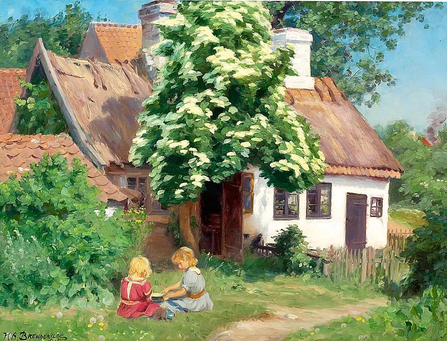 Enfants jouant devant une ferme. - H. A. Brendekilde - Alpha Reproduction