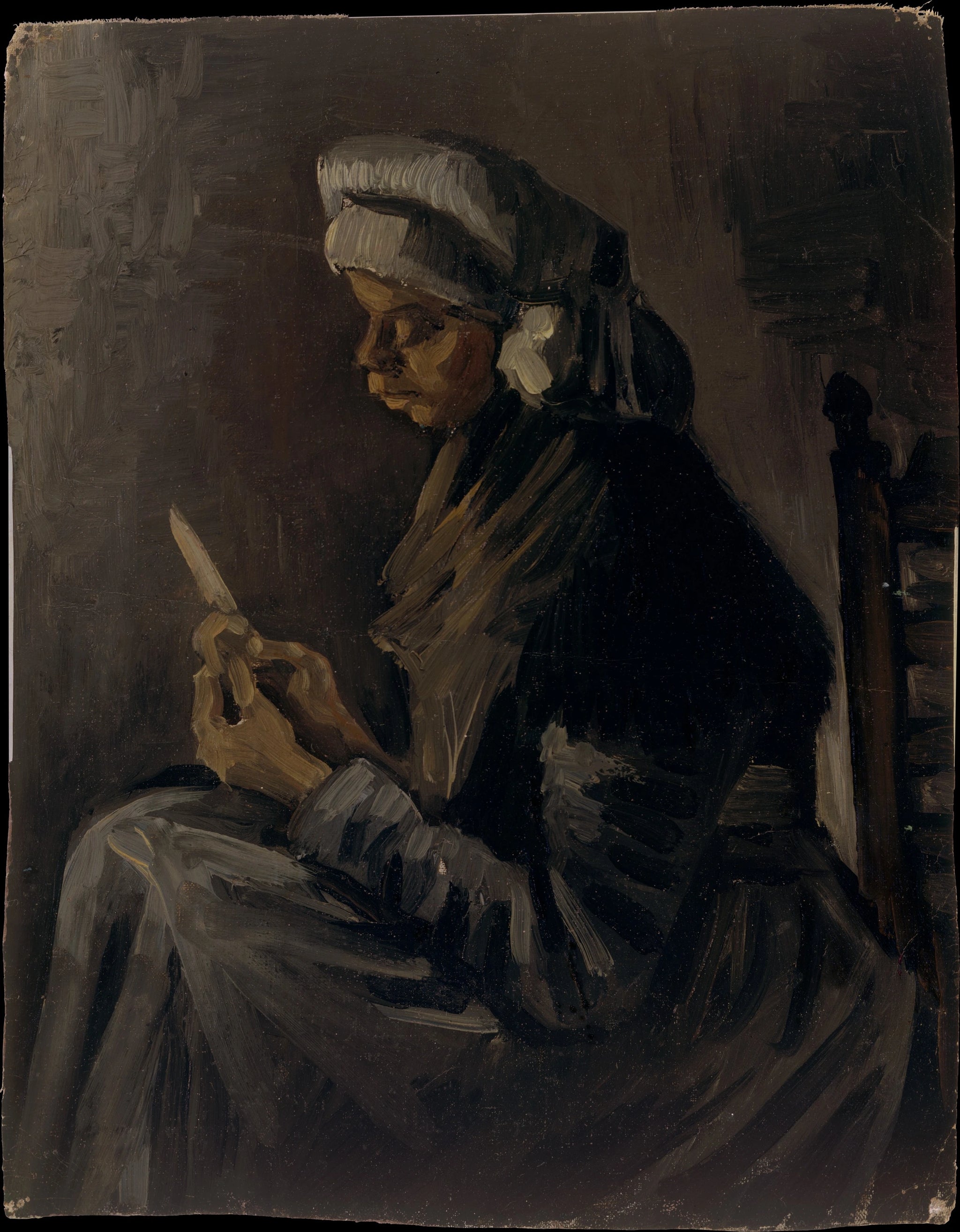 L’Éplucheuse de pommes de terre F365r — femme en coiffe tenant un couteau et une pomme de terre par Van Gogh