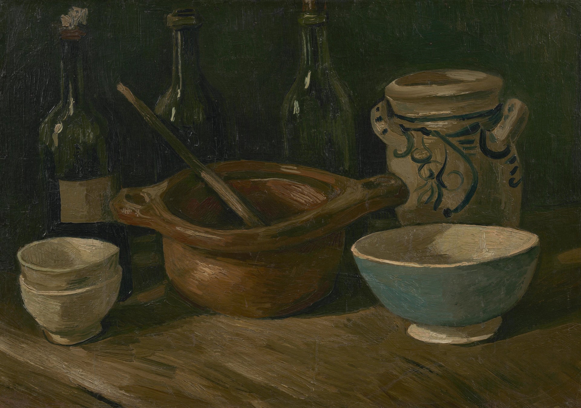 Nature morte avec faïence et bouteilles F53 — vaisselle sombre peinte par Vincent van Gogh