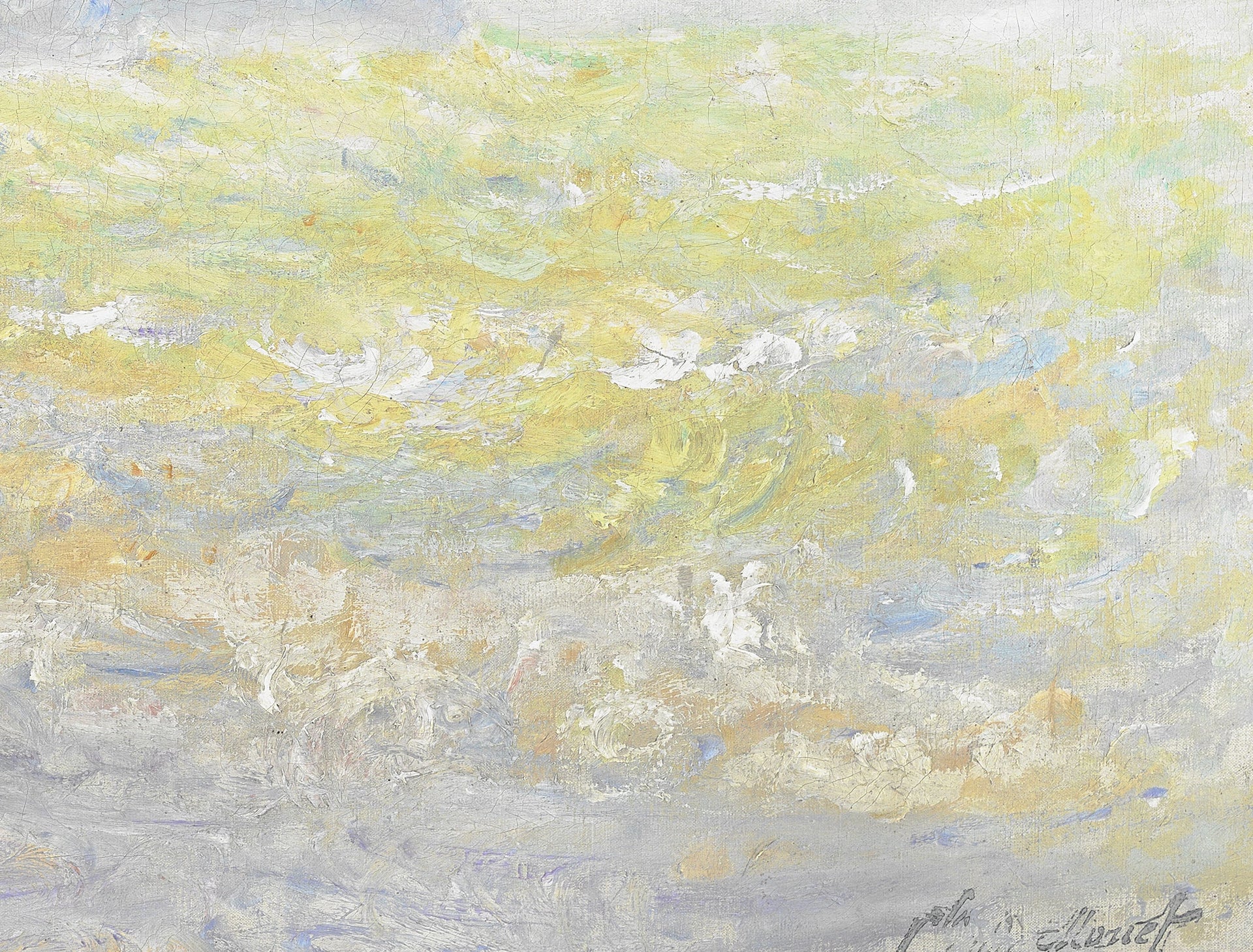 Détail des vagues jaunes, blanches et bleues et de la signature dans Falaises de Pourville W1443