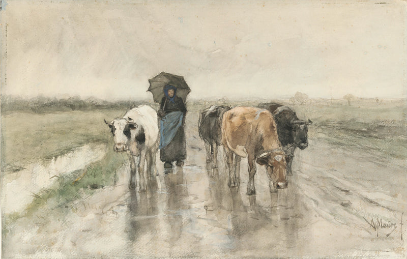 La femme d'un agriculteur avec des vaches sur une route de campagne sous la pluie - Anton Mauve