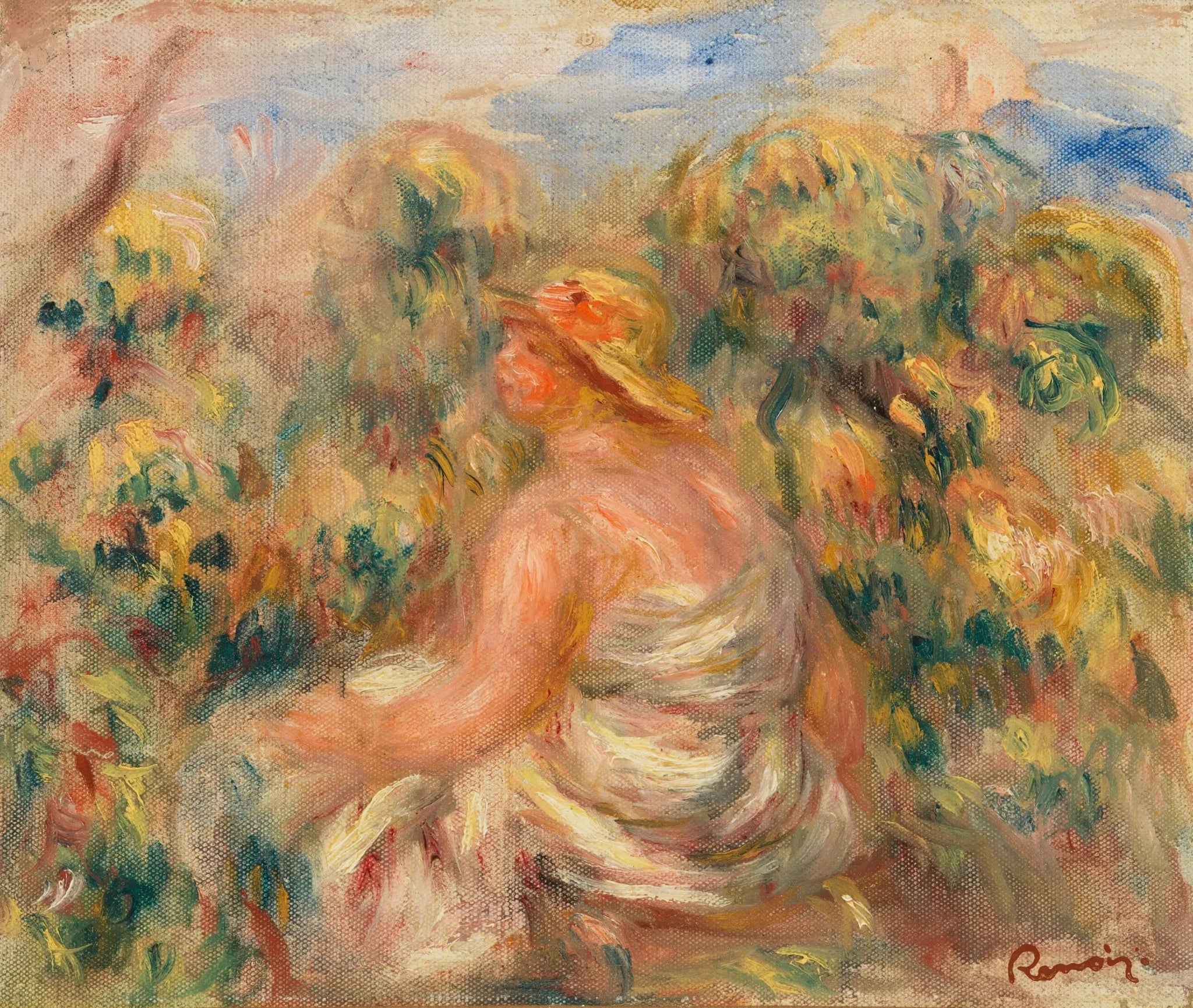 Femme avec chapeau dans un paysage - Pierre-Auguste Renoir image 1 reproduction artisanale de tableau