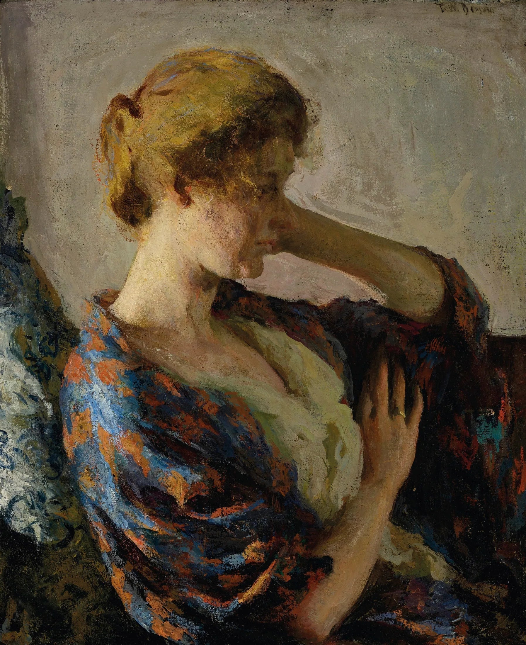 Femme en kimono bleu - Frank Weston Benson image 1 copie peinte à la main à l’huile