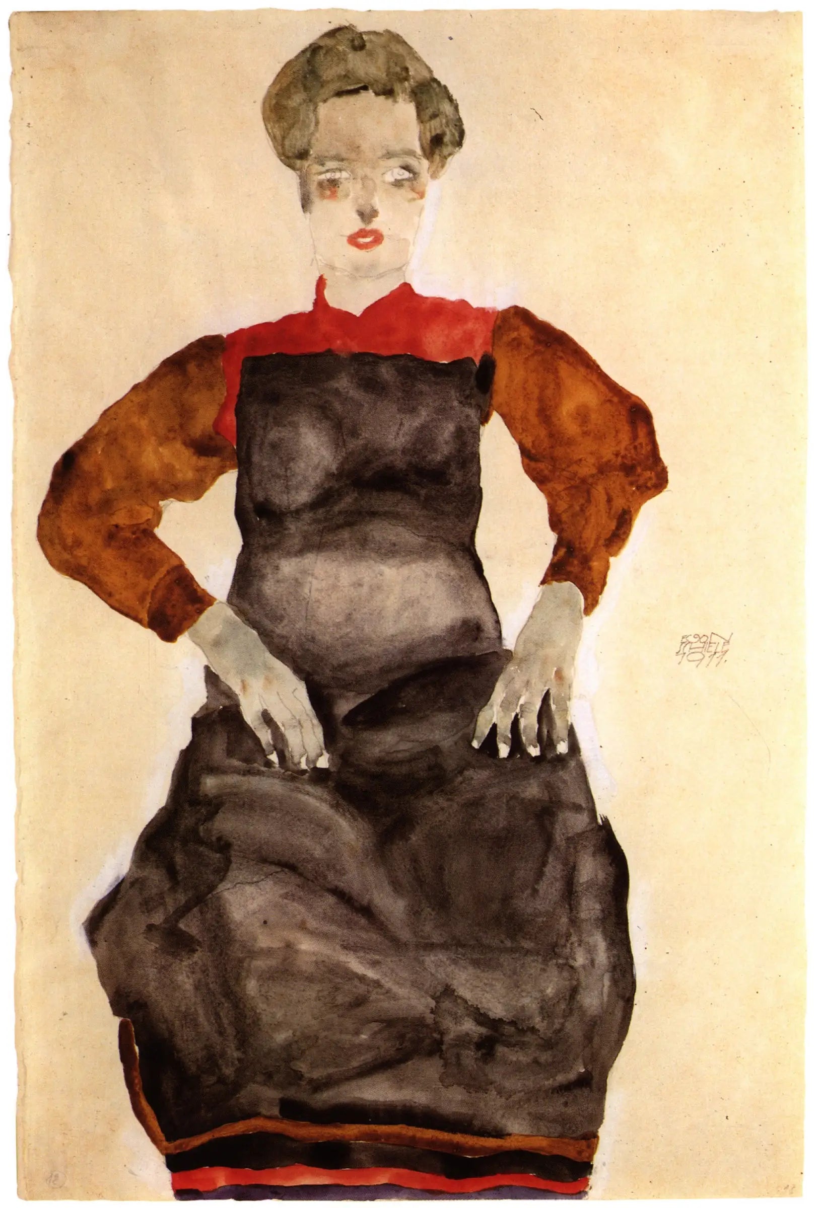 Femme en tablier noir - Egon Schiele image 1 copie peinte à la main à l’huile
