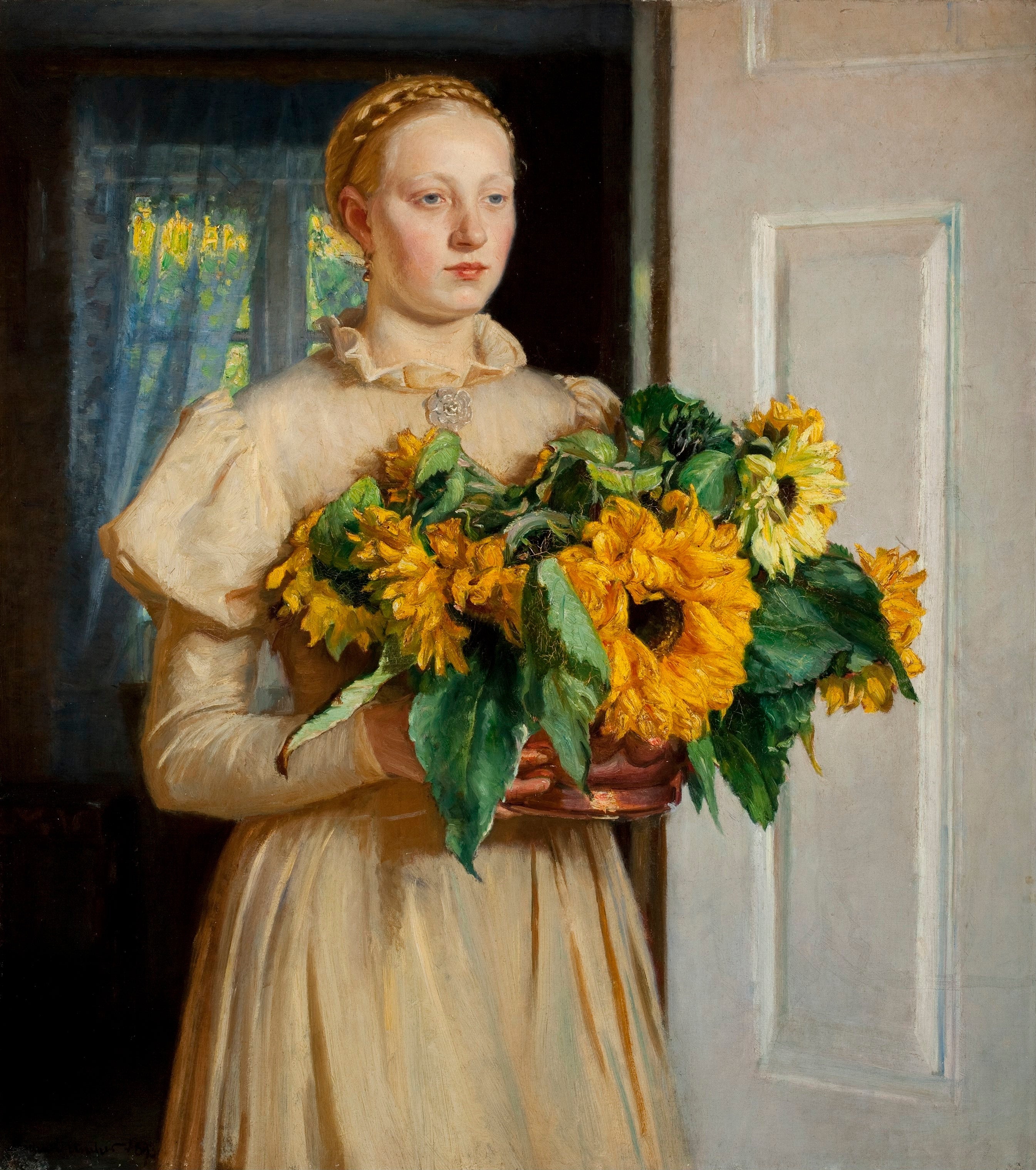 Fille aux tournesols (1893) - Michael Peter Ancher image 1 copie peinte à la main à l’huile