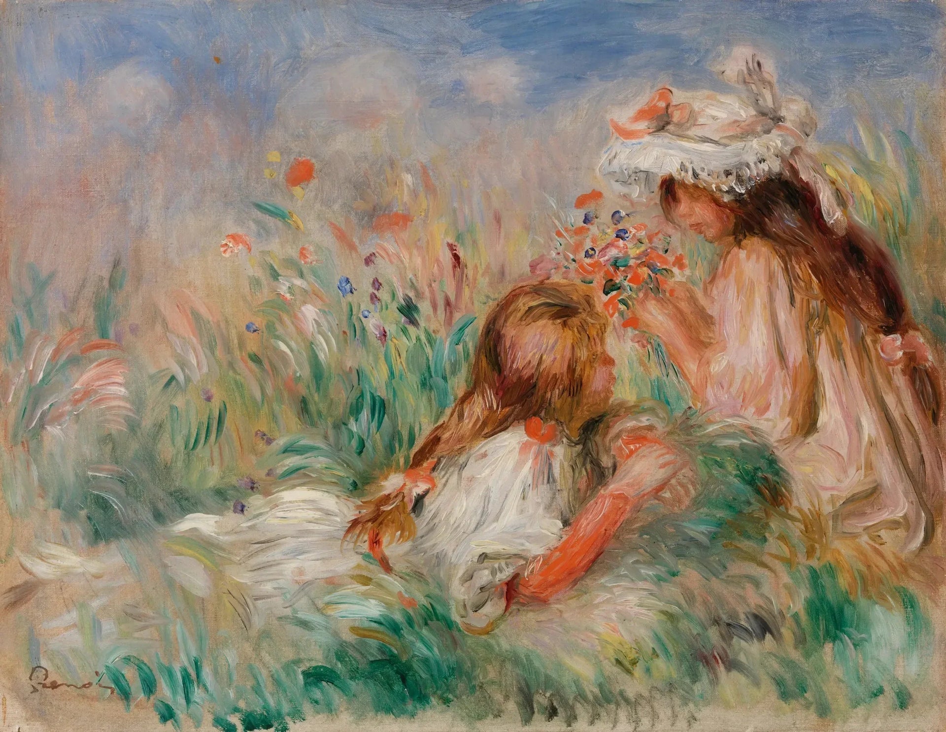 Fillette couchée sur l'herbe et jeune fille arrangeant un bouquet - Pierre-Auguste Renoir image 1 tableau peint à l’huile sur toile