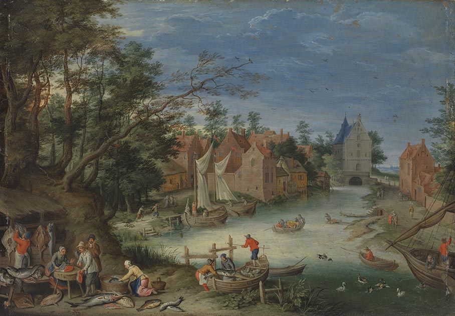 Fischverkauf am Ufer eines Kanals - Jan Brueghel l’Ancien image 1 copie peinte à la main à l’huile
