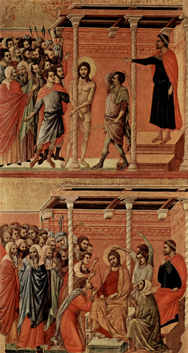 การลงโทษ (ด้านบน); พระคริสต์ที่ถูกมงกุฎด้วยหนาม (ด้านล่าง) - Duccio di Buoninsegna