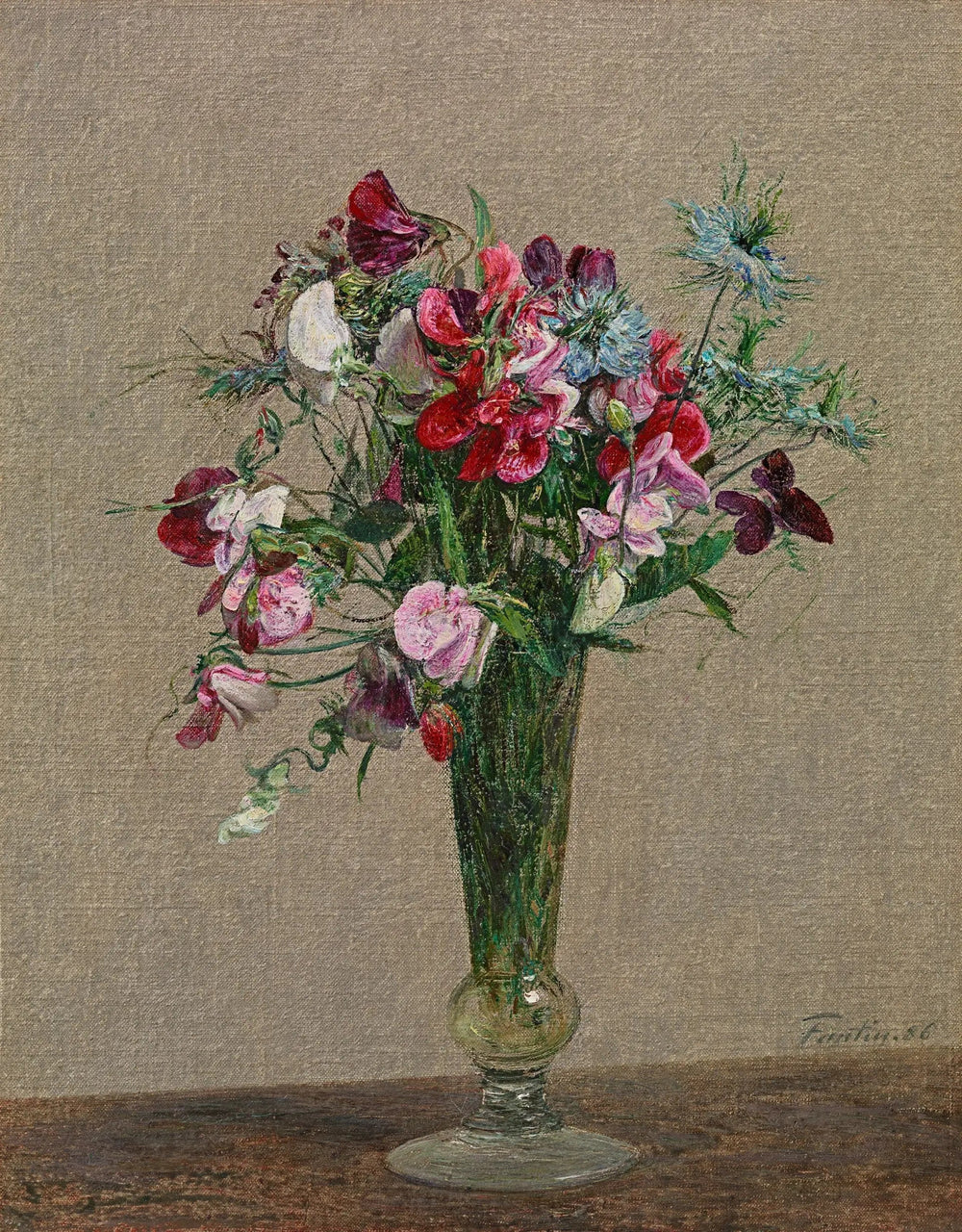 Fleurs, pois de senteurs et nigelles dans un petit vase - Henri Fantin-Latour image 1 reproduction artisanale de tableau