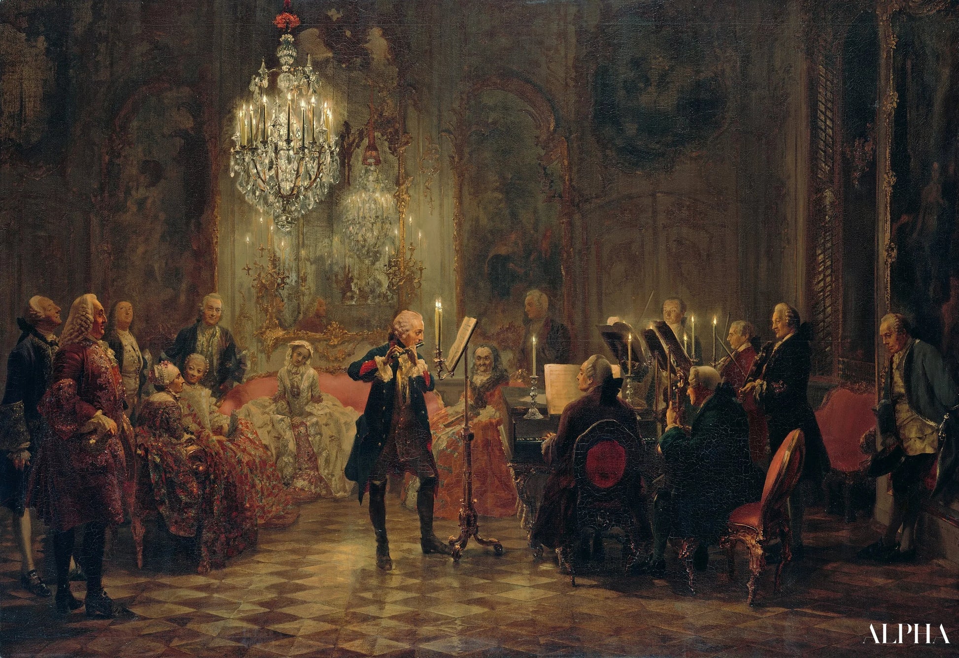 Frédéric II de Prusse jouant de la flûte au palais de Sanssouci - Adolph von Menzel - Reproductions de tableaux et peintures haut de gamme