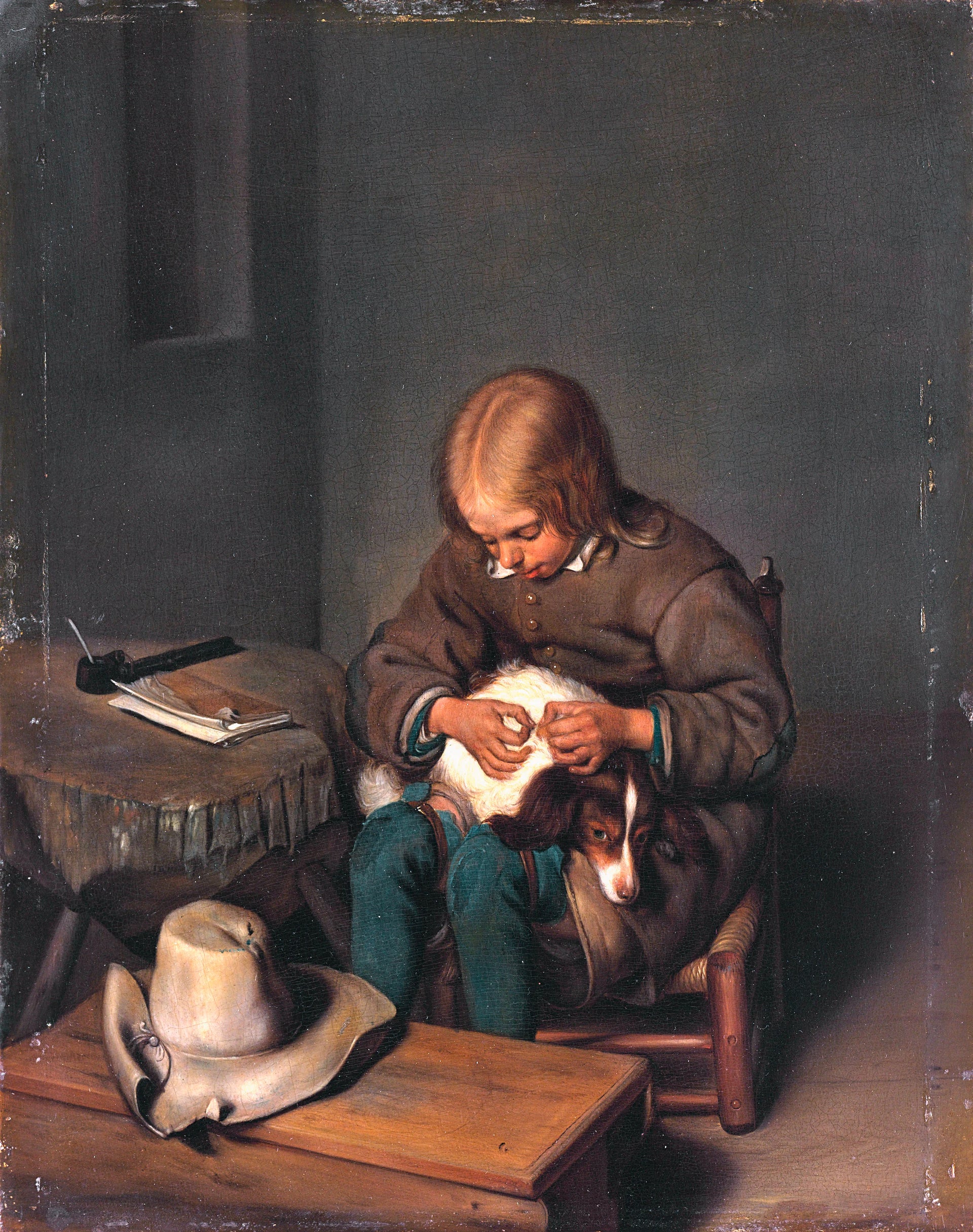 Garçon occupé à toiletter un chien. - Gerard ter Borch