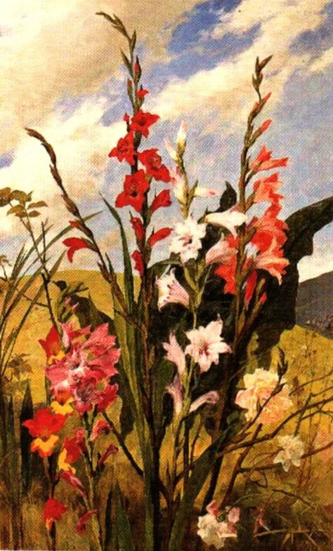 Gladiolas con paisaje. - Arturo Michelena image 1 copie de tableau peinte à la main