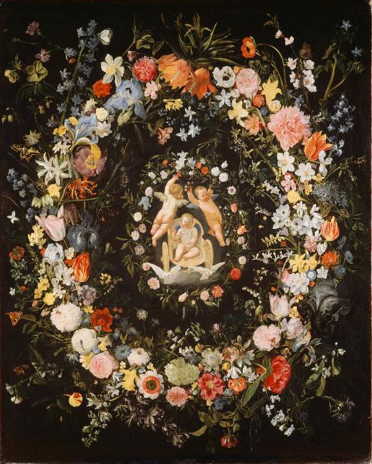 สายไฟดอกไม้ล้อมรอบจี้ที่แสดงถึงชัยชนะของความรัก - Domenichino