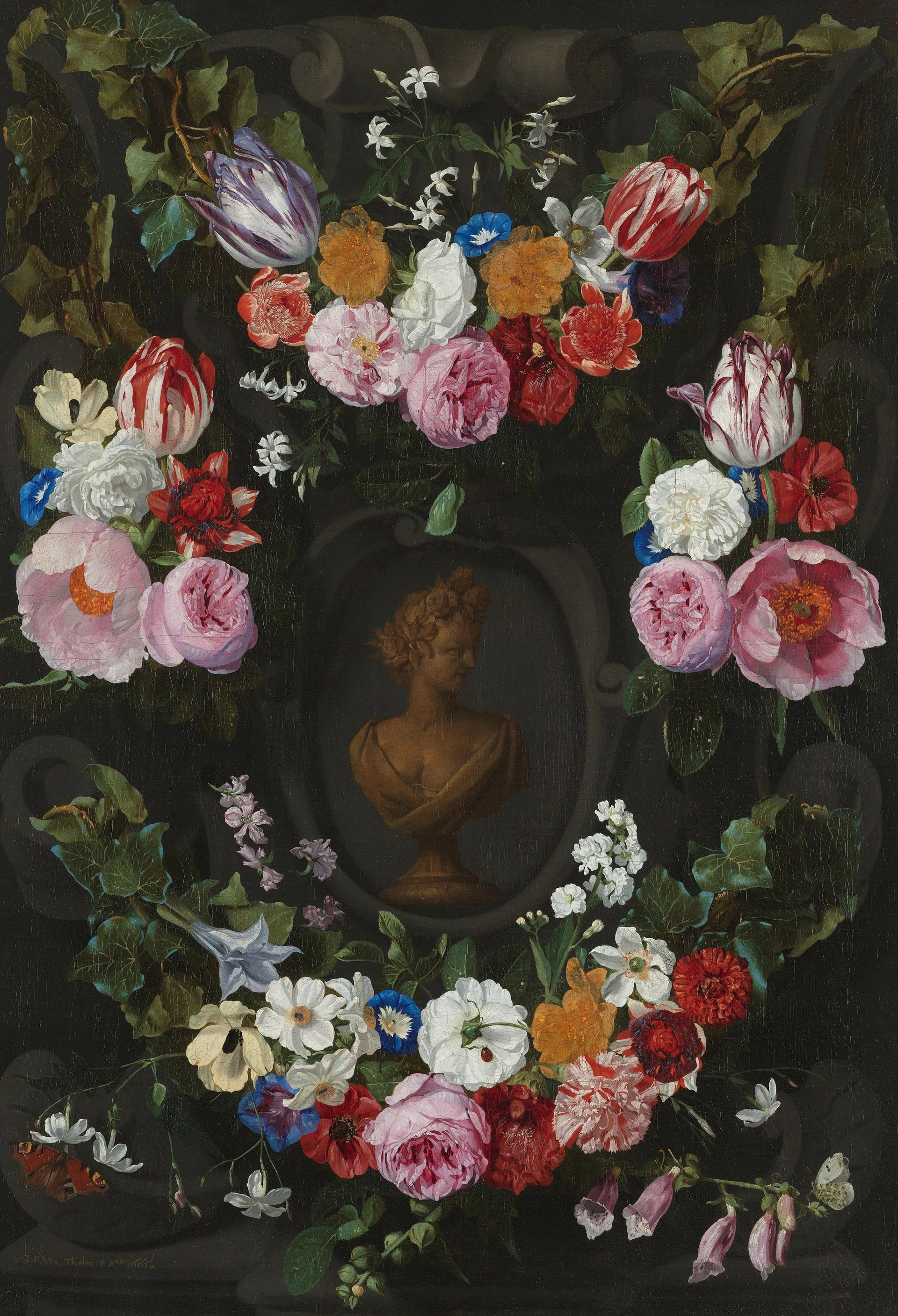 Guirlande de fleurs autour d'un buste de Flore - Jan Philips van Thielen