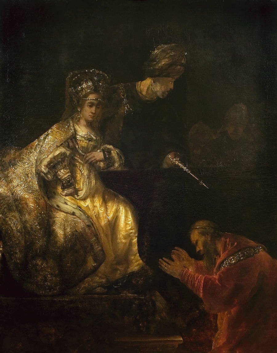 Haman supplie Esther — atelier de Rembrandt, années 1660, Bucarest
