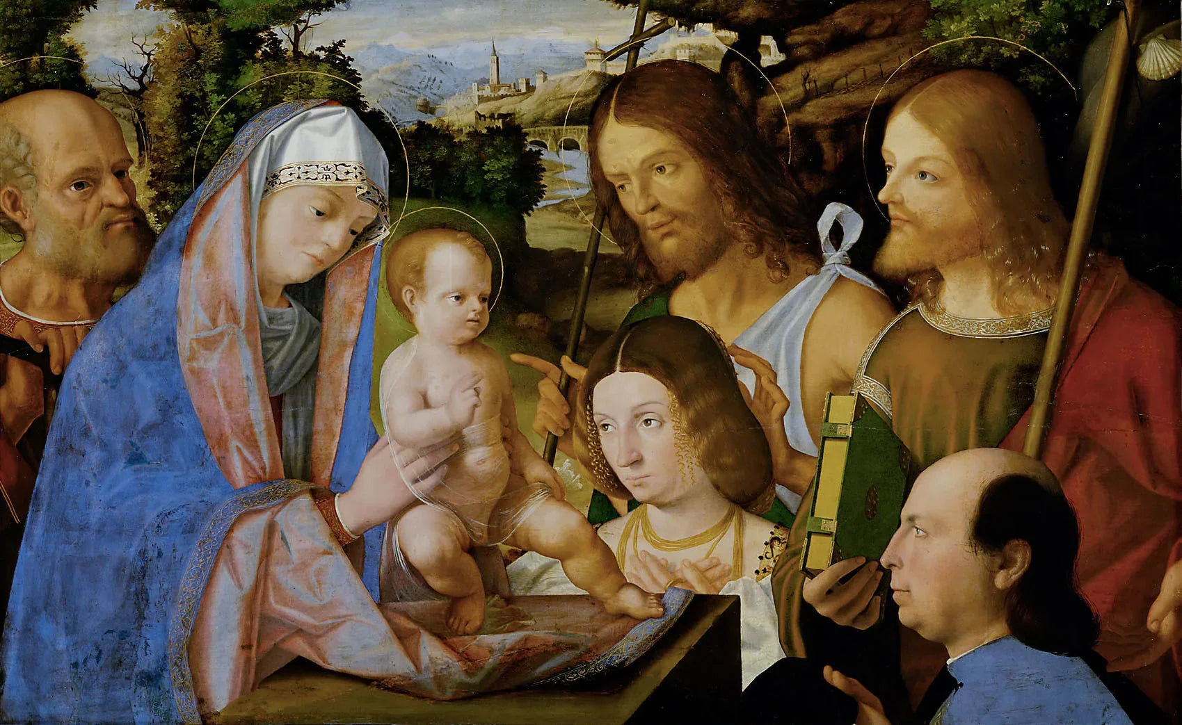 Heilige Familie mit Johannes dem Täufer, Jakobus dem Älteren und zwei Stiftern - Andrea Previtali image 1 reproduction artisanale de tableau
