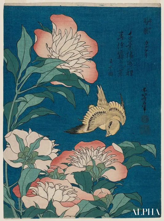 hokusai pivoines et canari (shakuyaku, kanaari), d'une série sans titre connue sous le nom de petites fleurs - Katsushika Hokusai - Reproductions de tableaux et peintures haut de gamme