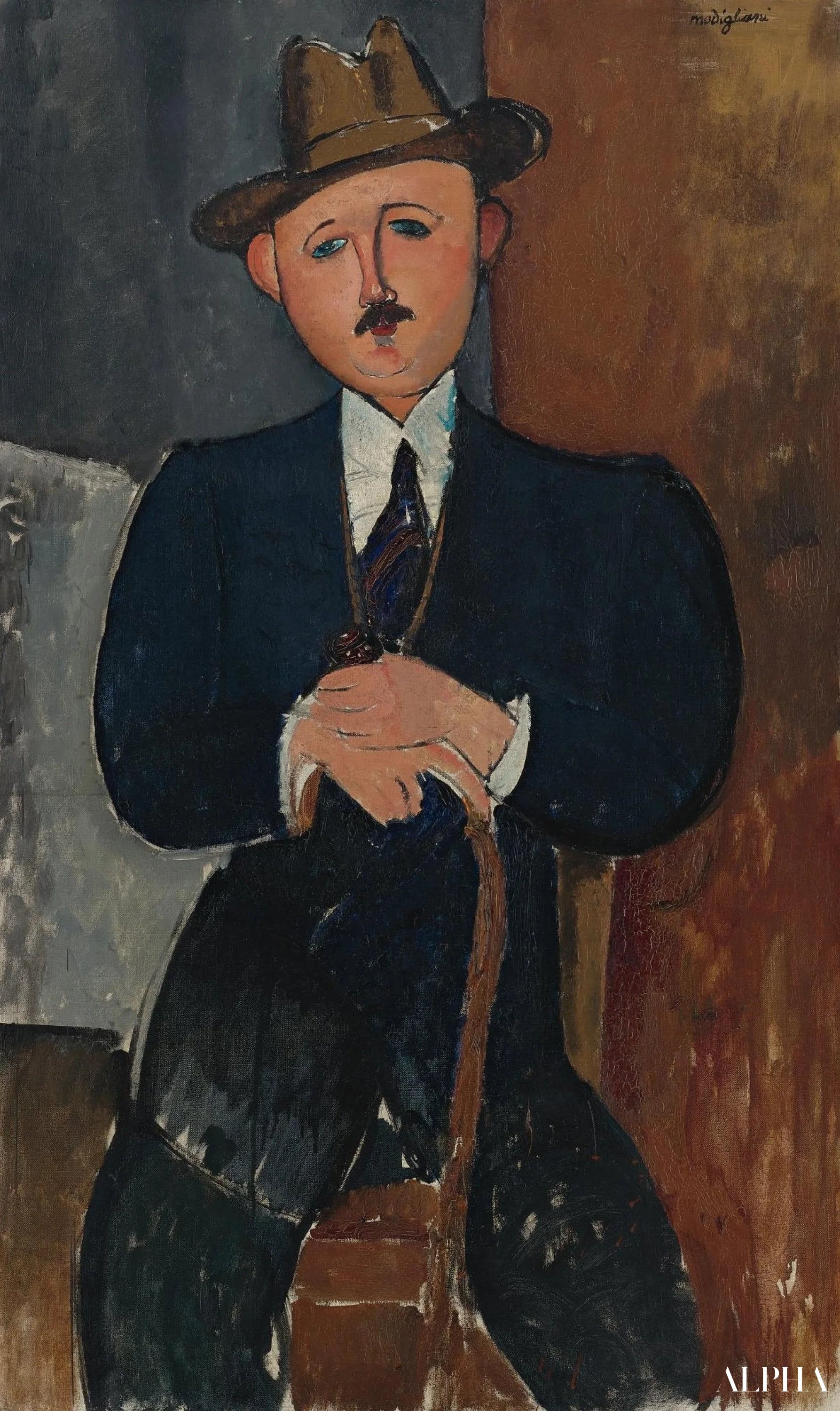 Homme assis (appuyé sur une canne) - Amedeo Modigliani - Reproductions de tableaux et peintures haut de gamme
