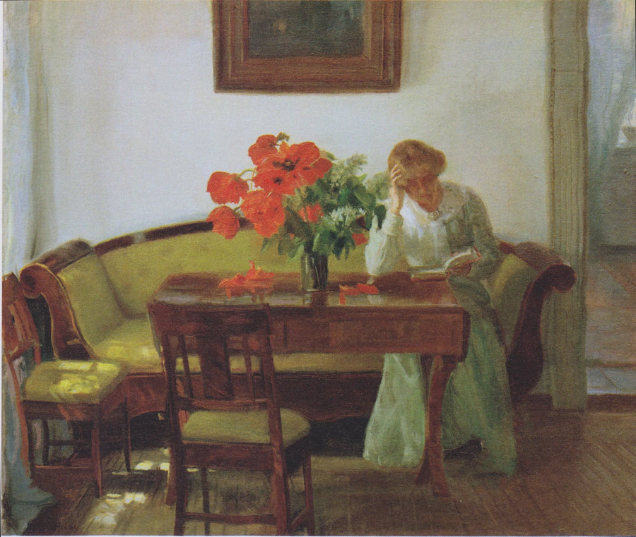 Intérieur avec des coquelicots et une femme lisant (Lizzy Hohlenberg) - Anna Ancher image 1 reproduction artisanale de tableau