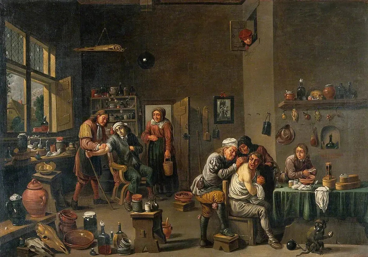 Intérieur d'un cabinet médical avec deux opérateurs - David Teniers le Jeune image 1 reproduction d’œuvre d’art à l’huile