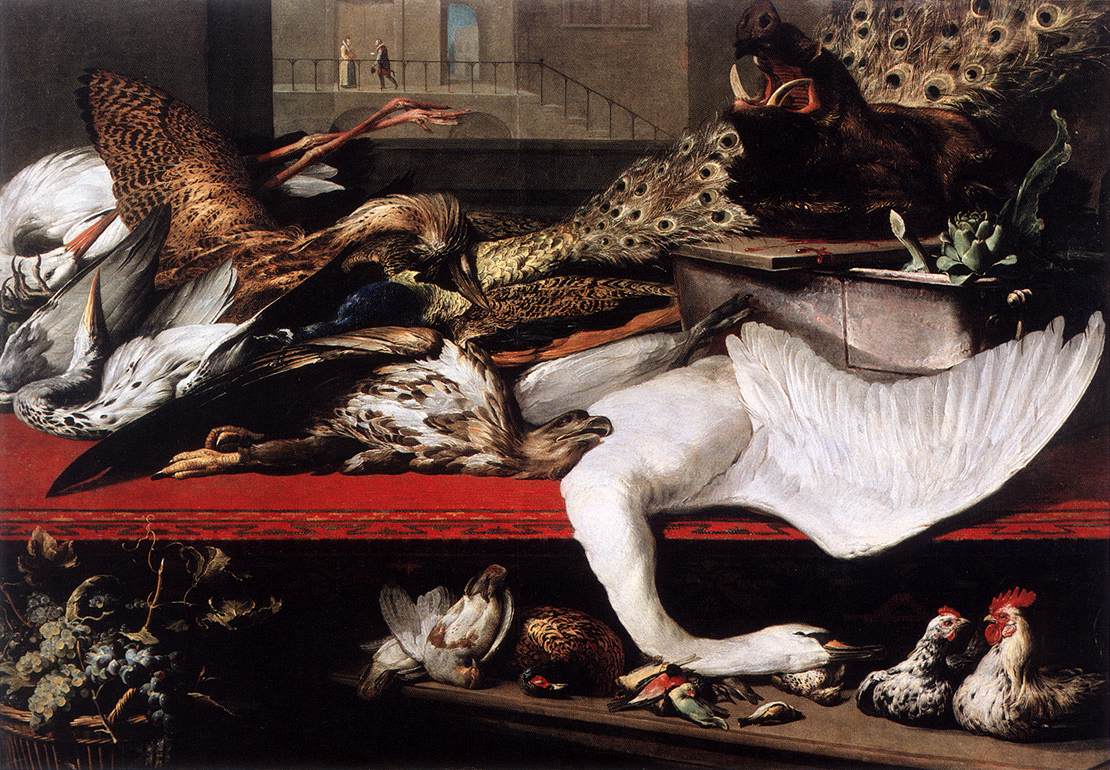 Intérieur de cuisine avec une table garnie de gibier et une scène par la fenêtre montrant un homme remettant une lettre à une dame - Frans Snyders image 1 reproduction de peinture à l’huile
