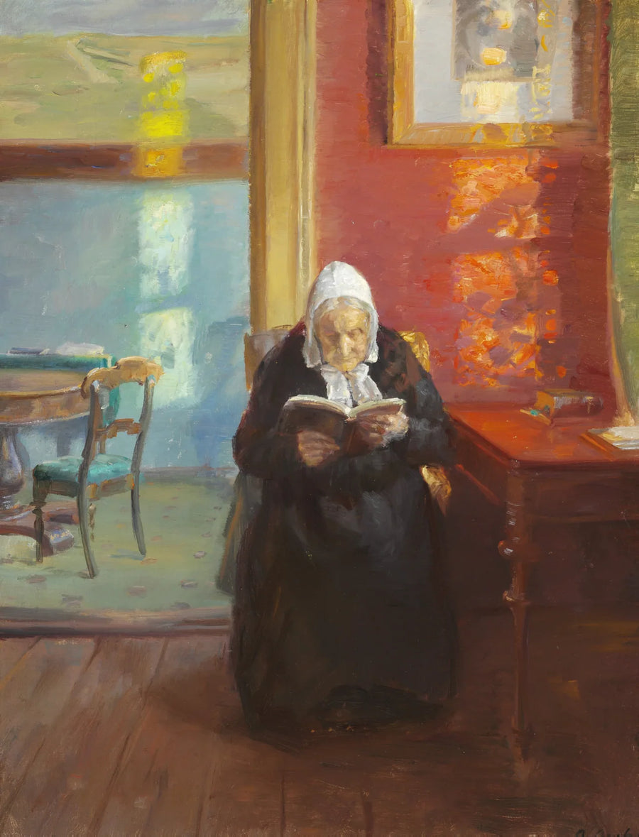 ภายในห้องนอนสีแดงพร้อมกับแม่ของศิลปิน Ane Brøndum ขณะอ่านหนังสือ - Anna Ancher