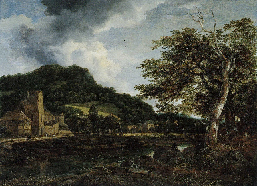 Monastère en ruine au pied d’une colline, peinture de Jacob van Ruisdael