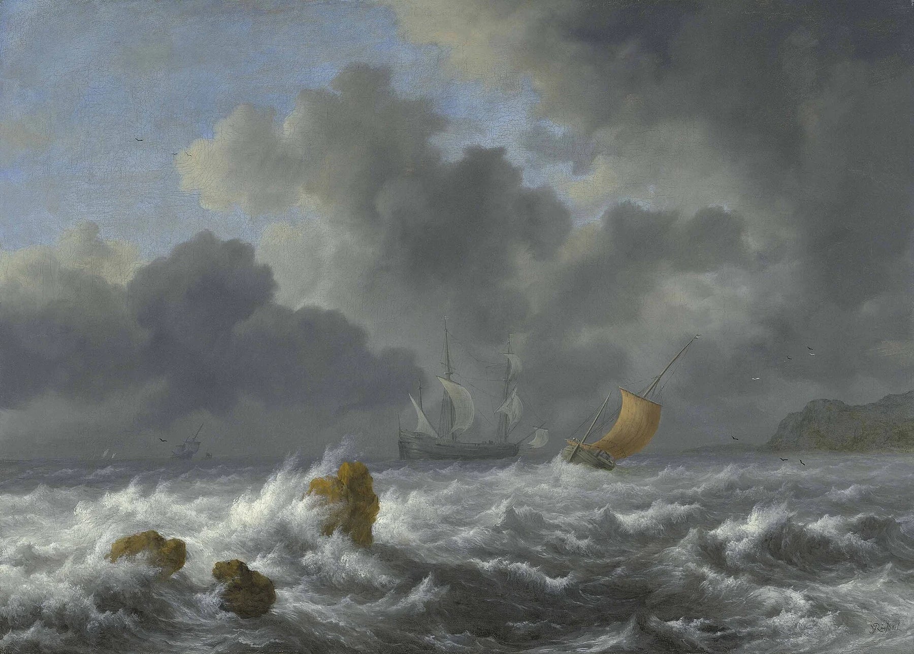 Voiliers dans la tempête près d’une côte rocheuse, peinture de Jacob van Ruisdael