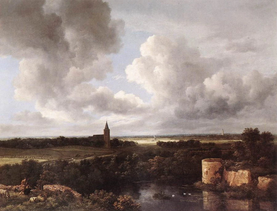 Vaste paysage avec château en ruine et église de village, peinture de Jacob van Ruisdael