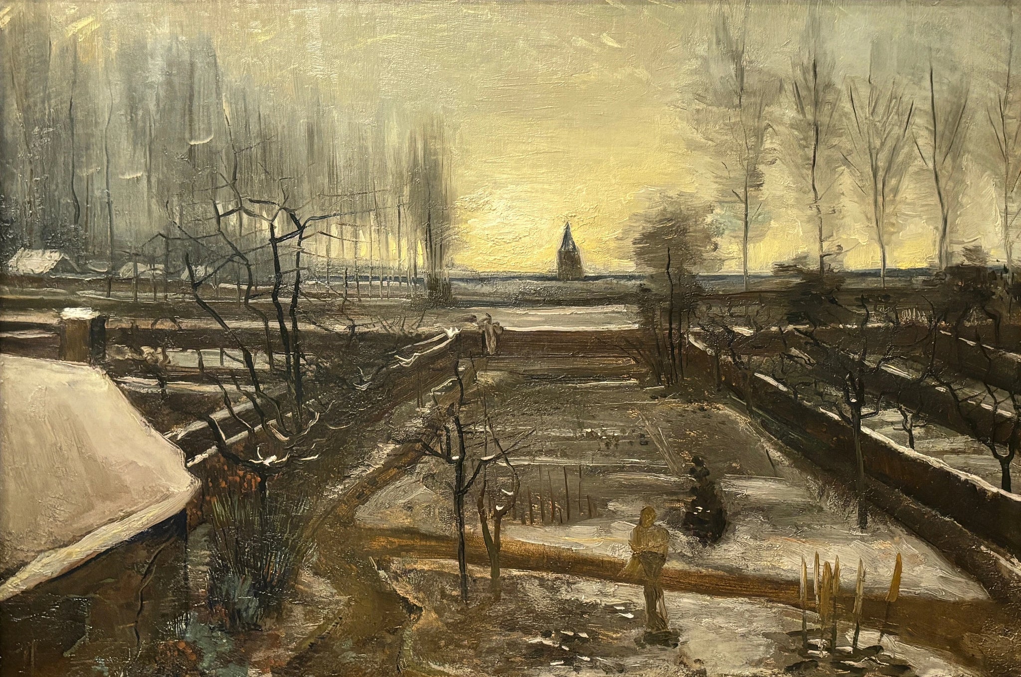 Jardin du presbytère de Nuenen sous la neige F67 — allées sombres, arbres nus et silhouettes dans le jardin par Vincent van Gogh