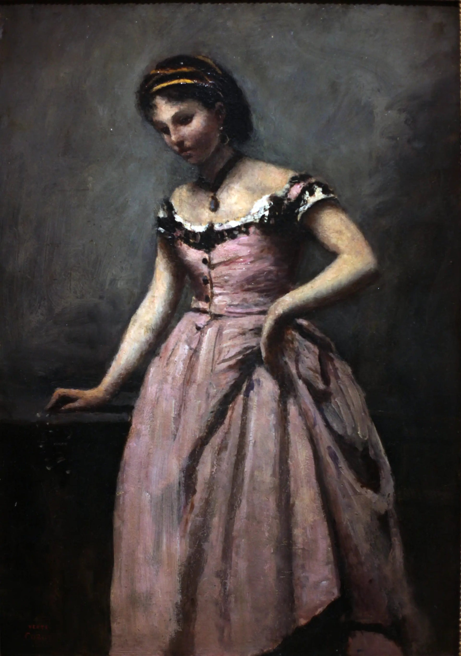 Jeune Femme à la robe rose - Jean-Baptiste Camille Corot image 1 copie de tableau peinte à la main