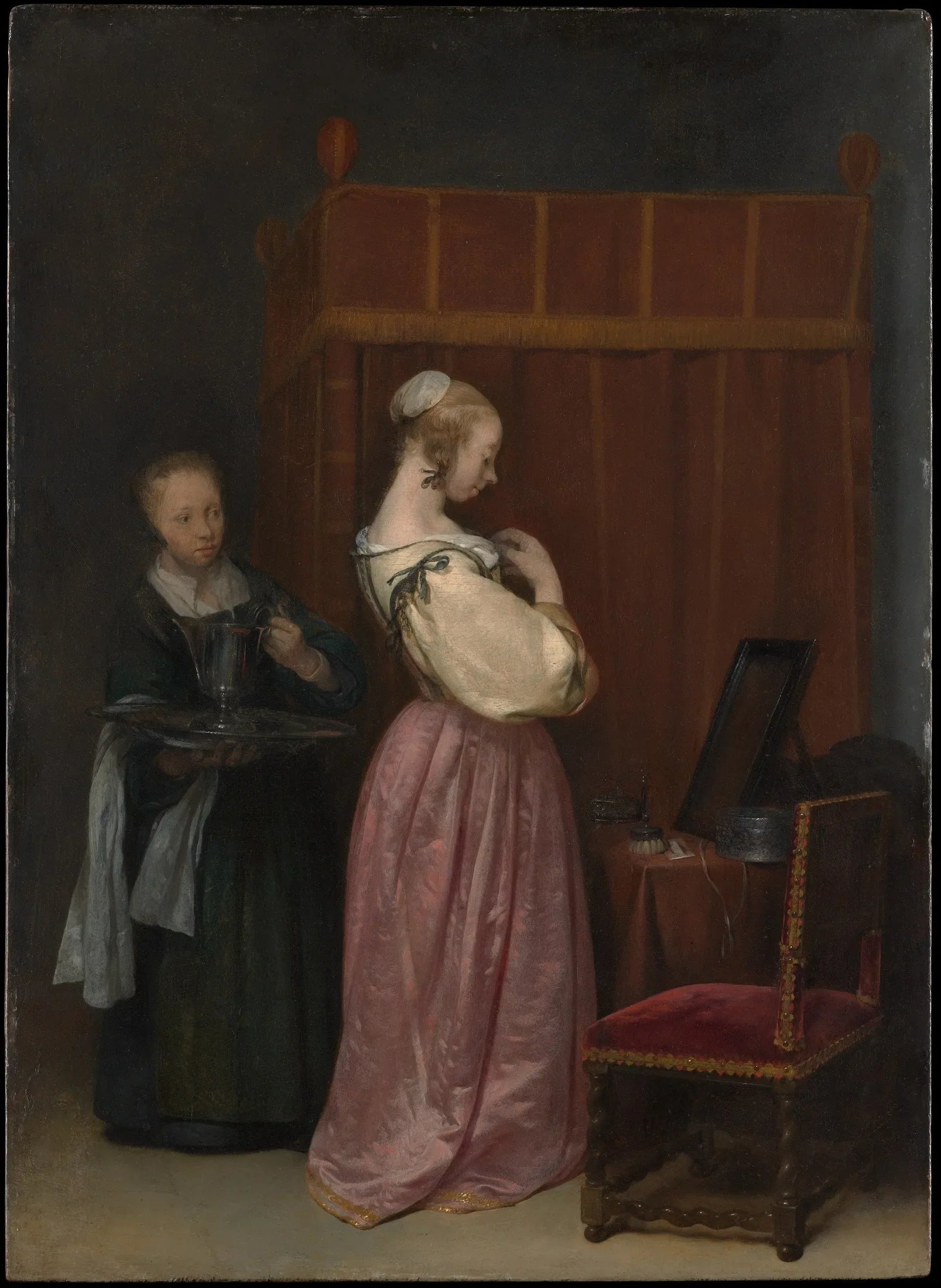 Jeune femme à sa toilette avec une servante - Gerard ter Borch image 1 reproduction de peinture à l’huile
