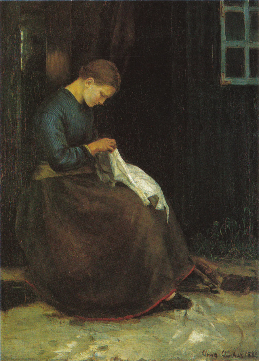 หญิงสาวกับผลงานเย็บผ้าของเธอที่ประตูบ้าน - Anna Ancher