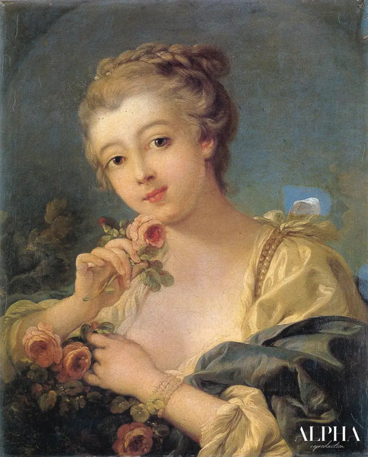 Young Woman with a Bouquet of Roses - François Boucher - Reproductions de tableaux et peintures haut de gamme