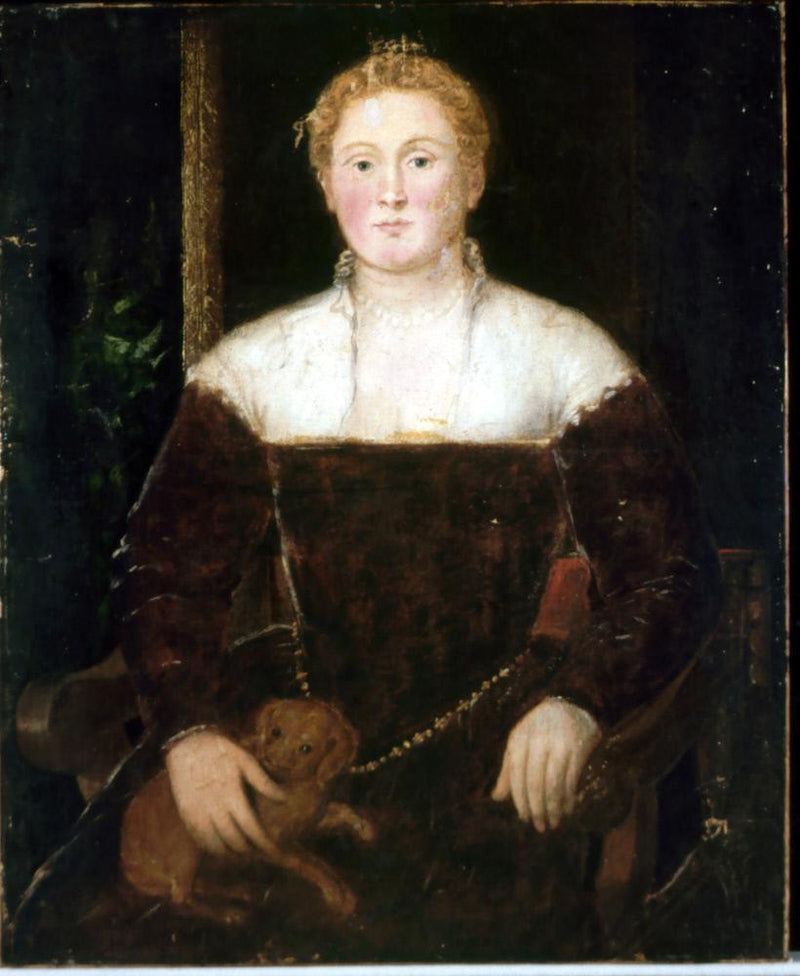 หญิงสาวกับสุนัขตัวเล็ก อาจเป็นสมาชิกในครอบครัว Soranzo - Jacopo Tintoretto