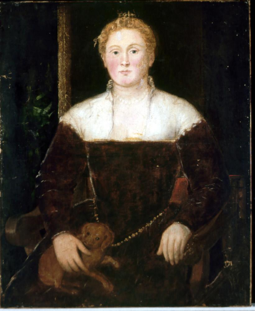 หญิงสาวกับสุนัขตัวเล็ก อาจเป็นสมาชิกในครอบครัว Soranzo - Jacopo Tintoretto