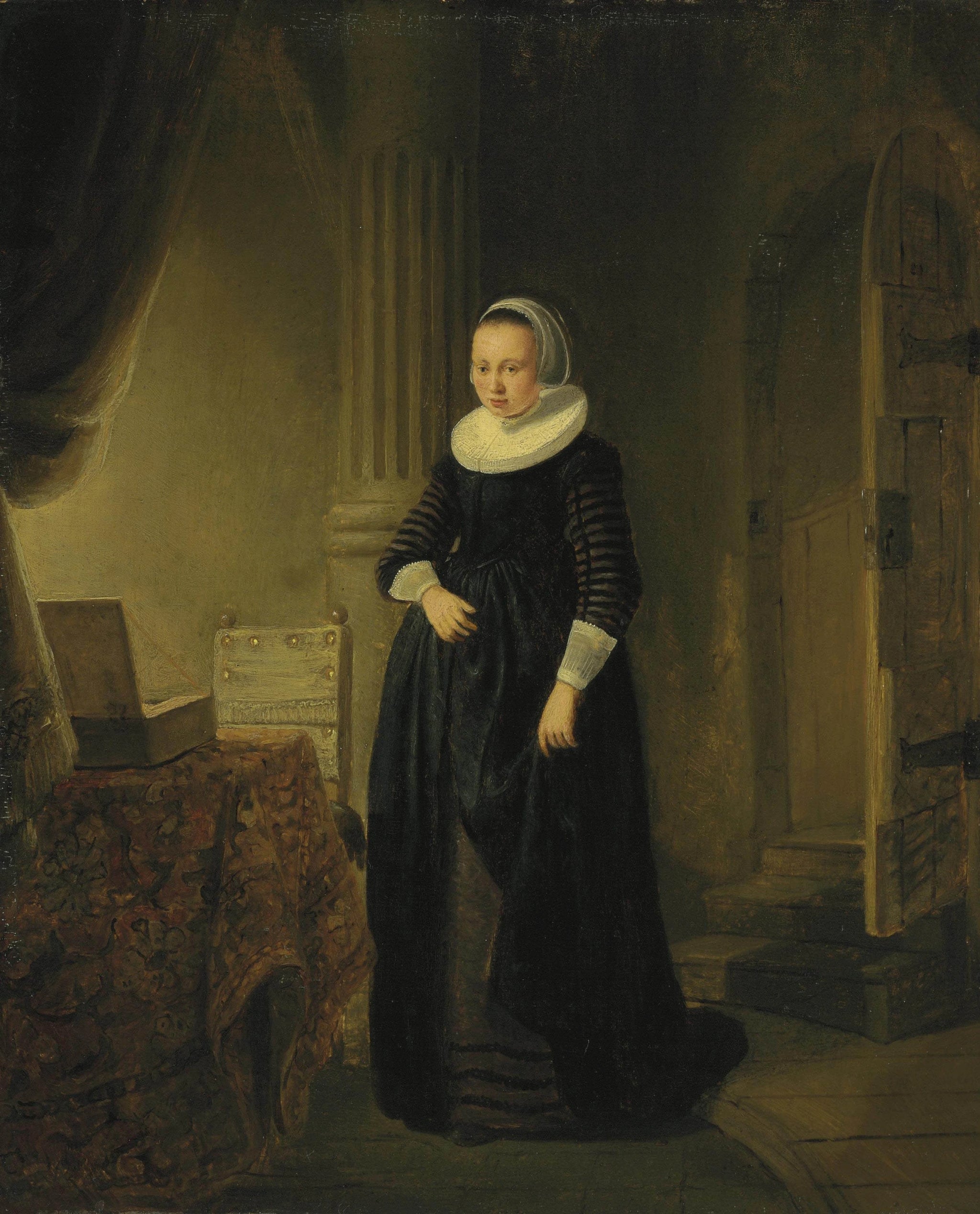 Une jeune femme dans un intérieur — cercle de Rembrandt, années 1640, ancienne collection du Metropolitan Museum