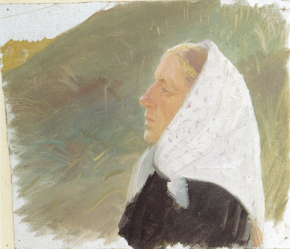 Jeune femme vêtue de noir et coiffée d'un foulard blanc, assise dans les dunes - Anna Ancher image 1 reproduction d’œuvre d’art à l’huile