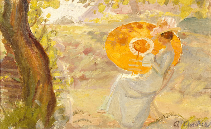 สาวน้อยในสวนพร้อมร่มกันแดดสีส้ม - Anna Ancher