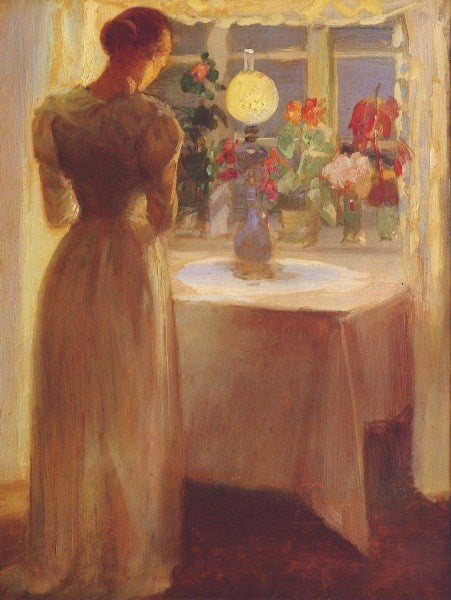 สาวน้อยหน้าหลอดไฟเปิดอยู่ - Anna Ancher