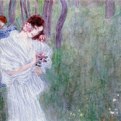 Reproduction du tableau « Jeune fille en robe blanche dans une forêt - Gustav Klimt » par Alpha Reproduction en peinture à l’huile