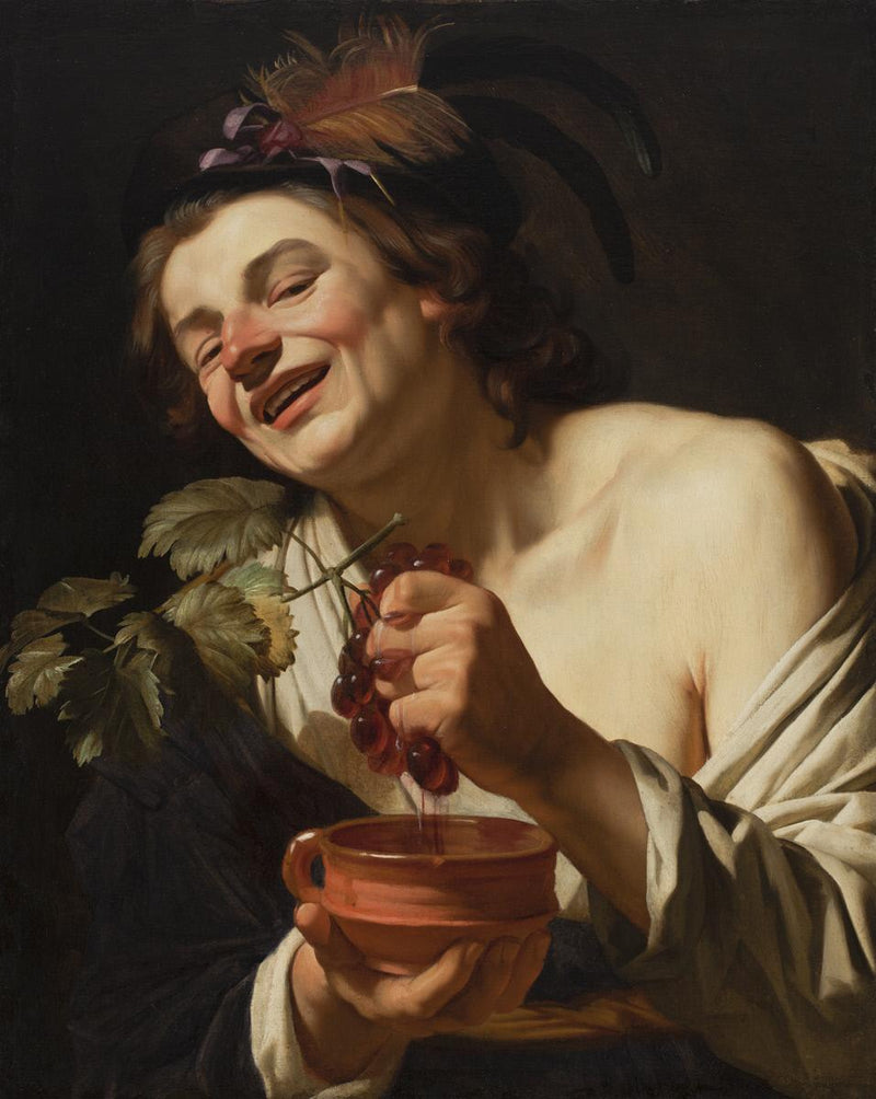 ชายหนุ่มยิ้มแย้มบีบองุ่น - Gerrit van Honthorst