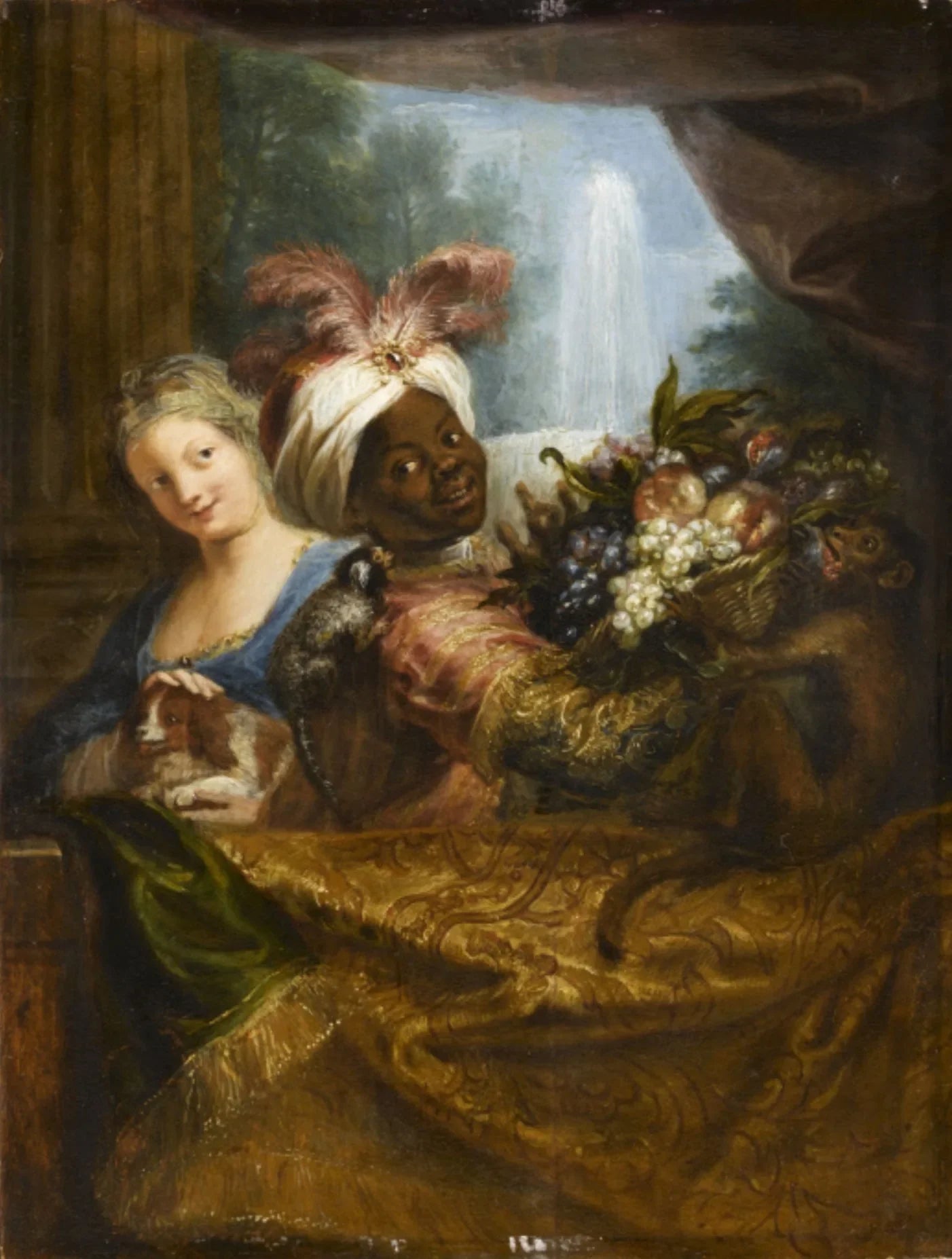 Jeune noir tenant une corbeille de fruits et jeune fille caressant un chien - Antoine Coypel image 1 reproduction d’œuvre d’art à l’huile